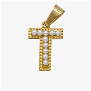 Stainless Steel Pendant Pave Pearlized Resin Letter-T Gold Plated, approx 10-15mm [SSB6960]