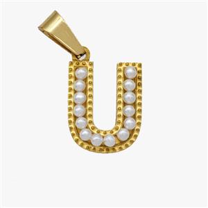 Stainless Steel Pendant Pave Pearlized Resin Letter-U Gold Plated, approx 10-15mm [SSB6961]