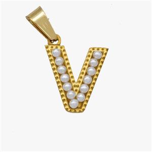 Stainless Steel Pendant Pave Pearlized Resin Letter-V Gold Plated, approx 10-15mm [SSB6962]