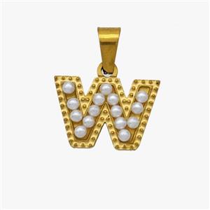 Stainless Steel Pendant Pave Pearlized Resin Letter-W Gold Plated, approx 10-15mm [SSB6963]