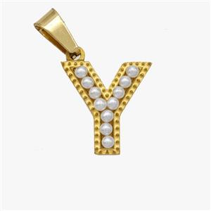 Stainless Steel Pendant Pave Pearlized Resin Letter-Y Gold Plated, approx 10-15mm [SSB6965]
