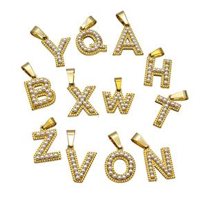 Stainless Steel Alphabet Pendant Pave Pearlized Resin Mix Letters Gold Plated, approx 10-15mm [SSB6967]