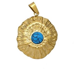Stainless Steel Flower Pendant Pave Blue Howlite Gold Plated, approx 21-23mm [SSB7024]