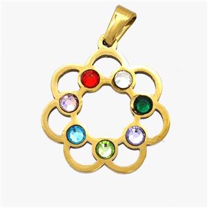 Stainless Steel Flower Pendant Micropave Rhinestone Chakra Gold Plated, approx 20mm [SSB7033]