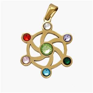 Stainless Steel Flower Pendant Micropave Rhinestone Chakra Gold Plated, approx 22mm [SSB7034]