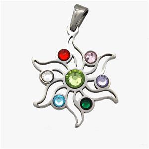 Raw Stainless Steel Flower Pendant Micropave Rhinestone Chakra, approx 24mm [SSB7035]
