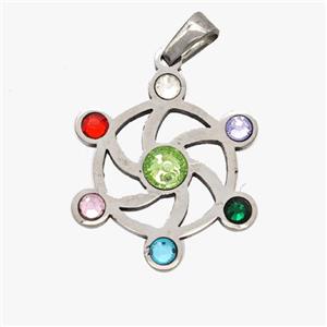 Raw Stainless Steel Flower Pendant Micropave Rhinestone Chakra, approx 22mm [SSB7037]