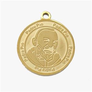 Stainless Steel Pendant Medal Padre Pio Circle Gold Plated, approx 18mm [SSB7039]