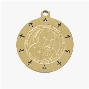 Stainless Steel Pendant Medal Padre Pio Circle Gold Plated, approx 18mm [SSB7040]