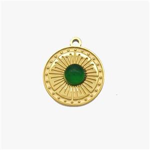 Stainless Steel Sun Pendant Pave Green Jade Gold Plated, approx 12mm [SSB7048]