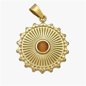 Stainless Steel Sun Pendant Pave Peach Cateye Glass Gold Plated, approx 20mm [SSB7082]