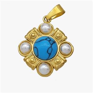 Stainless Steel Pendant Blue Howlite Pearlized Resin Gold Plated, approx 19mm [SSB7089]