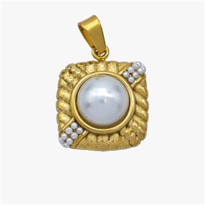 Stainless Steel Square Pendant Pave Pearlized Resin Gold Plated, approx 15x15mm [SSB7094]
