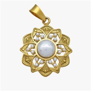 Stainless Steel Flower Pendant Pave Pearlized Resin Gold Plated, approx 18mm [SSB7095]