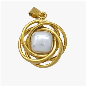 Stainless Steel Flower Pendant Pave Pearlized Resin Gold Plated, approx 17mm [SSB7099]