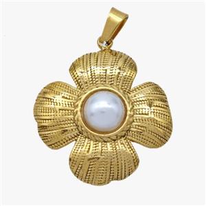 Stainless Steel Flower Pendant Pave Pearlized Resin Gold Plated, approx 24mm [SSB7101]