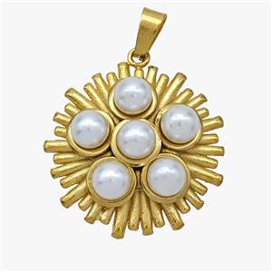Stainless Steel Flower Pendant Pave Pearlized Resin Gold Plated, approx 23mm [SSB7102]