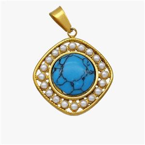 Stainless Steel Square Pendant Pave Blue Howlite Pearlized Resin Gold Plated, approx 18.5mm [SSB7107]