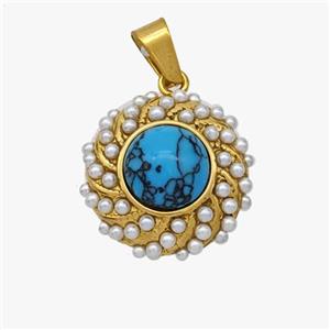 Stainless Steel Flower Pendant Pave Blue Howlite Pearlized Resin Gold Plated, approx 16mm [SSB7108]