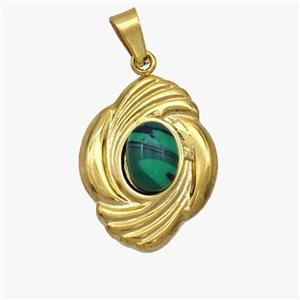 Stainless Steel Flower Pendant Pave Synthetic Malachite Gold Plated, approx 16-20mm [SSB7111]