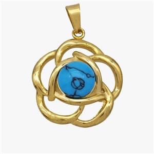 Stainless Steel Flower Pendant Pave Blue Howlite Gold Plated, approx 20mm [SSB7113]