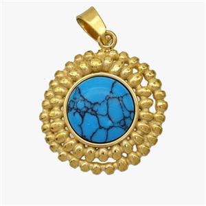 Stainless Steel Sunflower Pendant Pave Blue Howlite Gold Plated, approx 19mm [SSB7115]