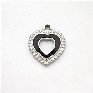 Raw Stainless Steel Heart Pendant Pave Black Acrylic, approx 12mm [SSB7125]