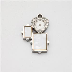 Raw Stainless Steel Heart Rectangle Pendant Pave Shell, approx 10-13mm [SSB7147]