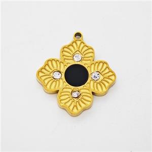 Stainless Steel Clover Pendant Pave Rhinestone Black Acrylic Gold Plated, approx 14mm [SSB7174]