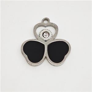 Raw Stainless Steel Clover Pendant Pave Black Acrylic Rhinestone, approx 15mm [SSB7179]