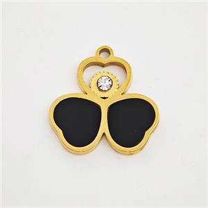 Stainless Steel Clover Pendant Pave Black Acrylic Rhinestone Gold Plated, approx 15mm [SSB7180]