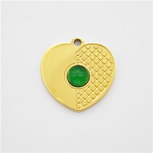 Stainless Steel Heart Pendant Pave Green Jade Gold Plated, approx 14mm [SSB7195]