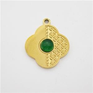 Stainless Steel Clover Pendant Pave Jade Gold Plated, approx 14mm [SSB7204]
