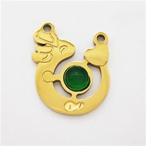 Stainless Steel Loong Pendant Pave Green Jade Heart 2loops Gold Plated, approx 13-16mm [SSB7226]