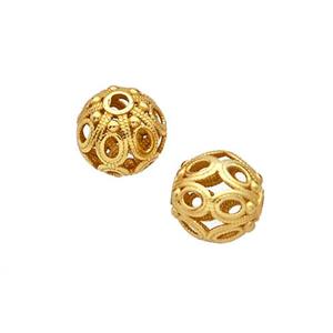 925 Sterling Silver Round Beads Hollow Gold Plated, approx 7mm [STS0688]
