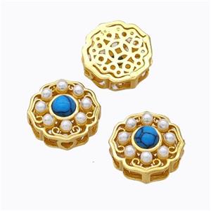 925 Sterling Silver Flower Beads Pave Pearlized Resin Hollow Gold Plated, approx 9mm [STS0719]