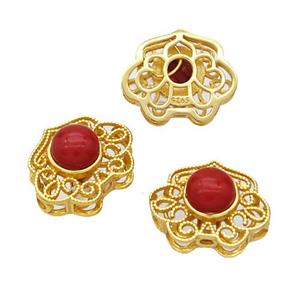 925 Sterling Silver Beads Pave Coral Gold Plated, approx 11-13mm [STS0721]