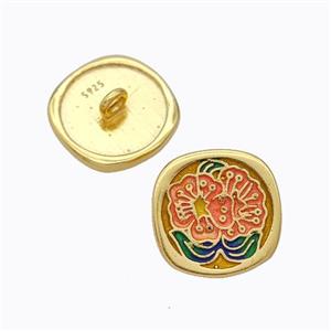 925 Sterling Silver Button Beads Flower Enamel Gold Plated, approx 10mm [STS0726]