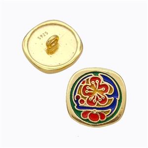 925 Sterling Silver Button Beads Flower Enamel Gold Plated, approx 10mm [STS0727]