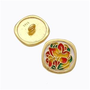 925 Sterling Silver Button Beads Flower Enamel Gold Plated, approx 10mm [STS0730]