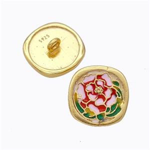 925 Sterling Silver Button Beads Flower Enamel Gold Plated, approx 10mm [STS0731]