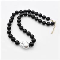 Natural Black Onyx Necklace With Pearl Smooth Round, approx 16-21mm, 10mm, 38-43cm length [BR11186]