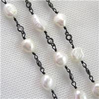 white Pearl chain with zircon, black plated, approx 9-10mm [CHCL384]