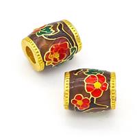 Copper Barrel Beads Multicolor Painted Flower Large Hole Gold Plated, approx 10-11mm, 4mm hole [FD15641]