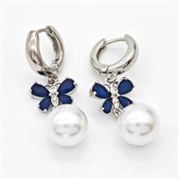 Copper Butterfly Hoop Earrings Pave Zirconia White Pearlized Plastic Platinum Plated, approx 12mm, 10-14mm, 15mm dia [FD16261]