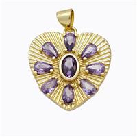 Copper Heart Pendant Micropave Purple Zirconia Gold Plated, approx 21mm [FD16978]
