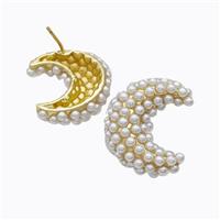 Copper Moon Stud Earrings Micropave Pearlized Resin Gold Plated, approx 20-25mm [FD17673]