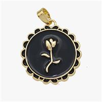 Copper Flowe Pendant Black Enamel Circle Gold Plated, approx 20mm [FD18523]