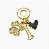 Copper Dogbone Paw Heart Pendant Pave Zirconia Black Enamel 18K Gold Plated, approx 11mm, 8mm, 6-14mm [FD18789]