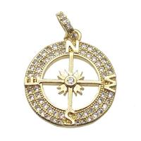 copper circle compass pendant paved zircon, gold plated, approx 17mm dia [FN15746]